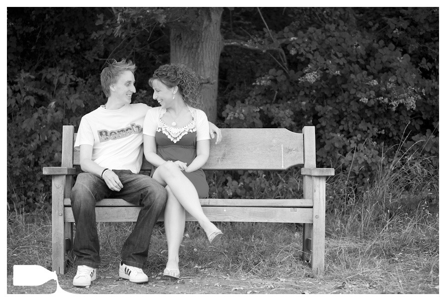 Wedding photography engagement shoot essex bench, Tom and Karen 